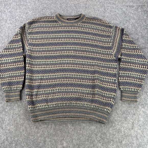 Jhane Barnes Sweater Mens XL Blue Tan Purple Textured Knit Geometric Crewneck